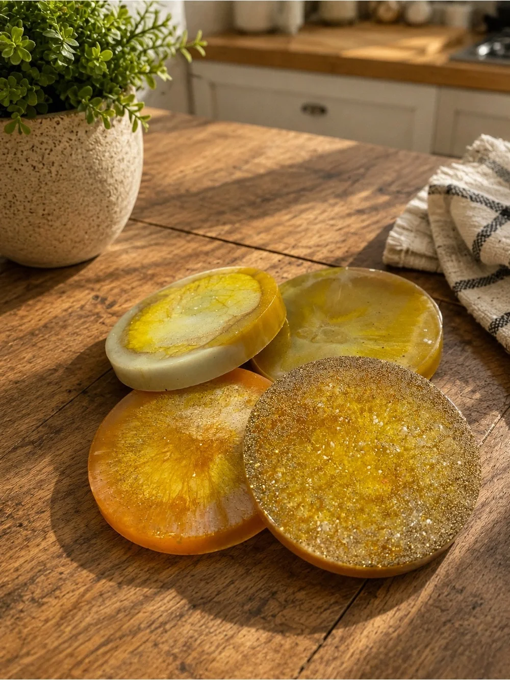 Handcrafted Yellow & Gold Resin Coaster Set - 4 Pack